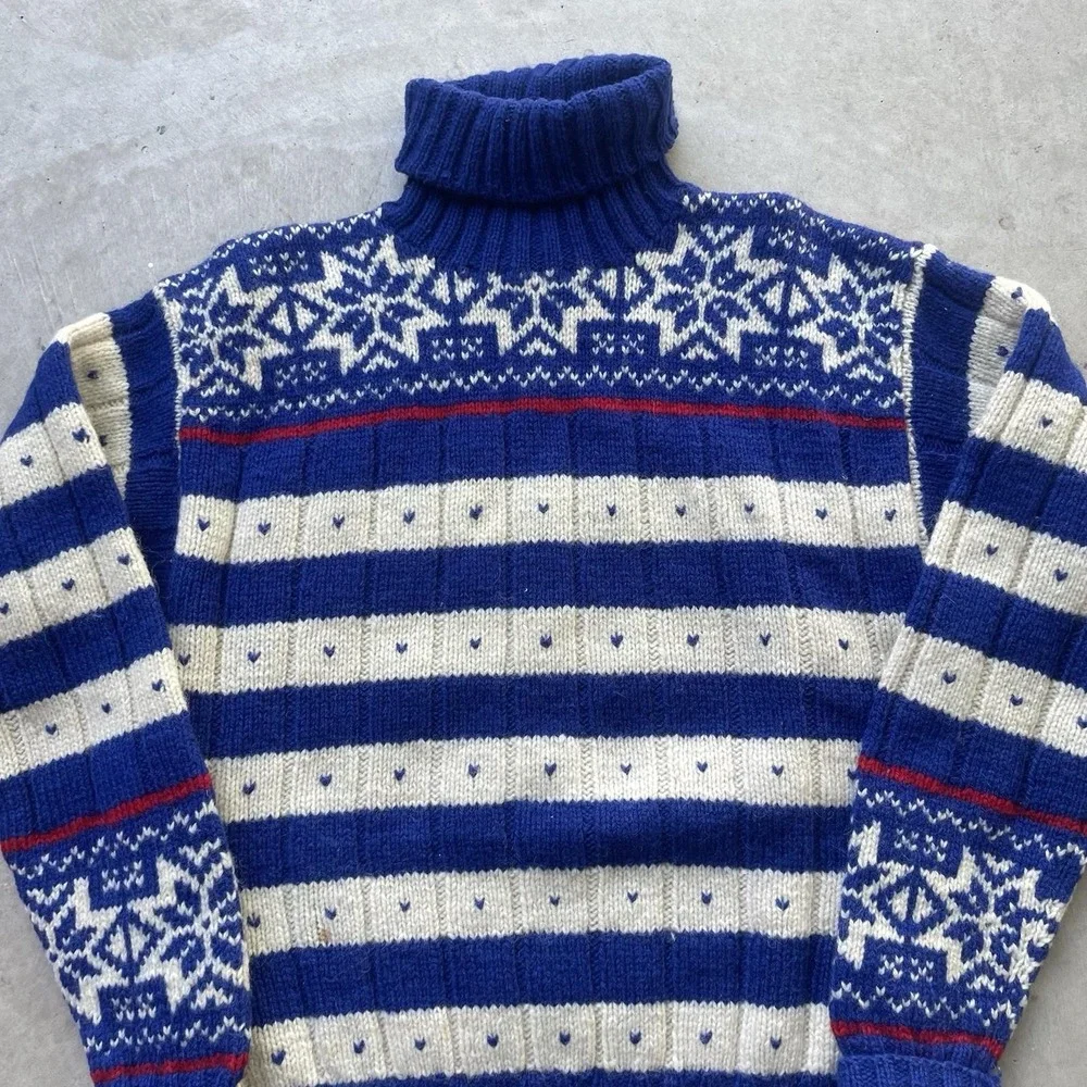 Vintage Polo Ralph Lauren Blue Nordic Fair Isle‎ Sweater Hand Knit Wool Sz M